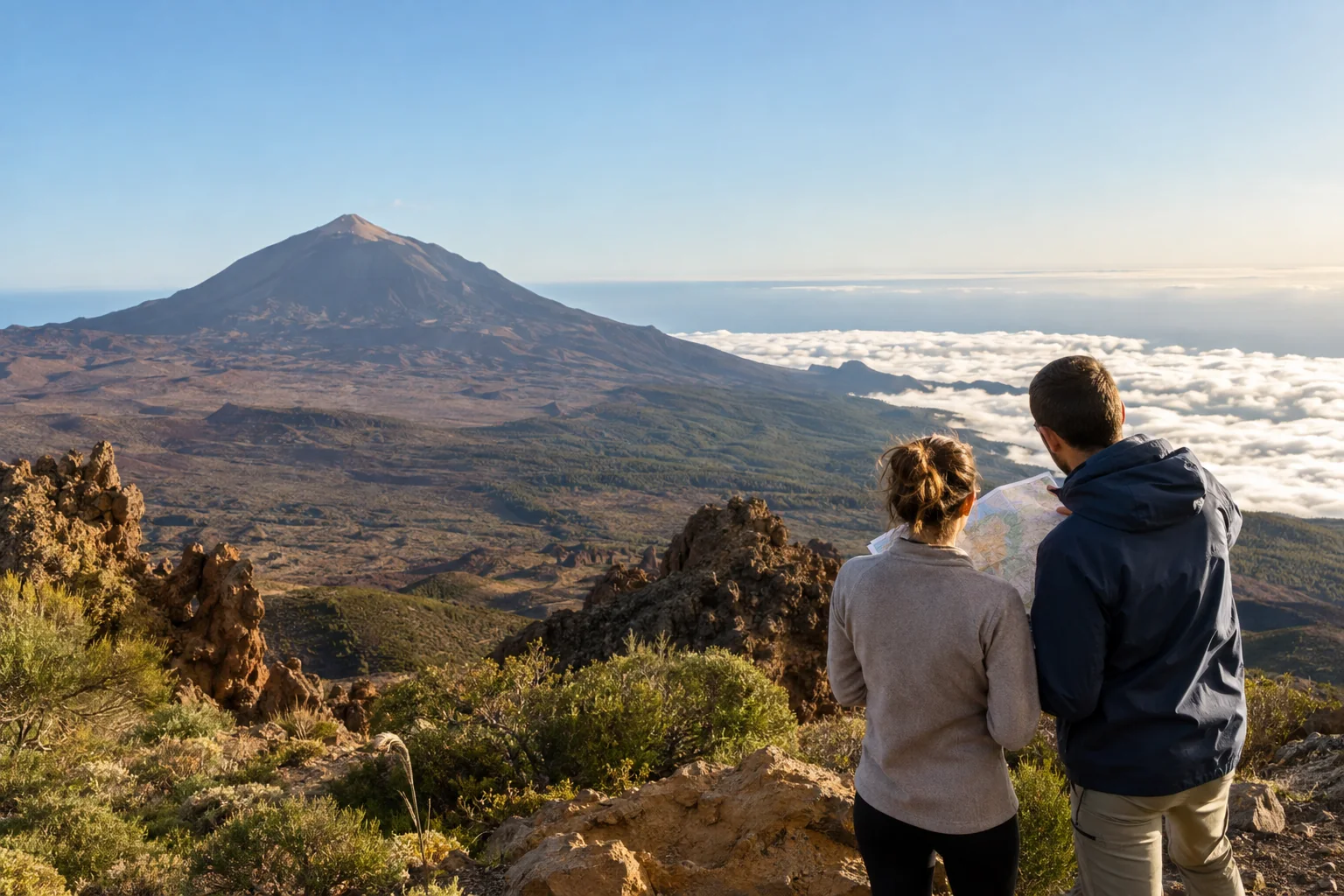 Viajeros planificando su recorrido frente al Teide
