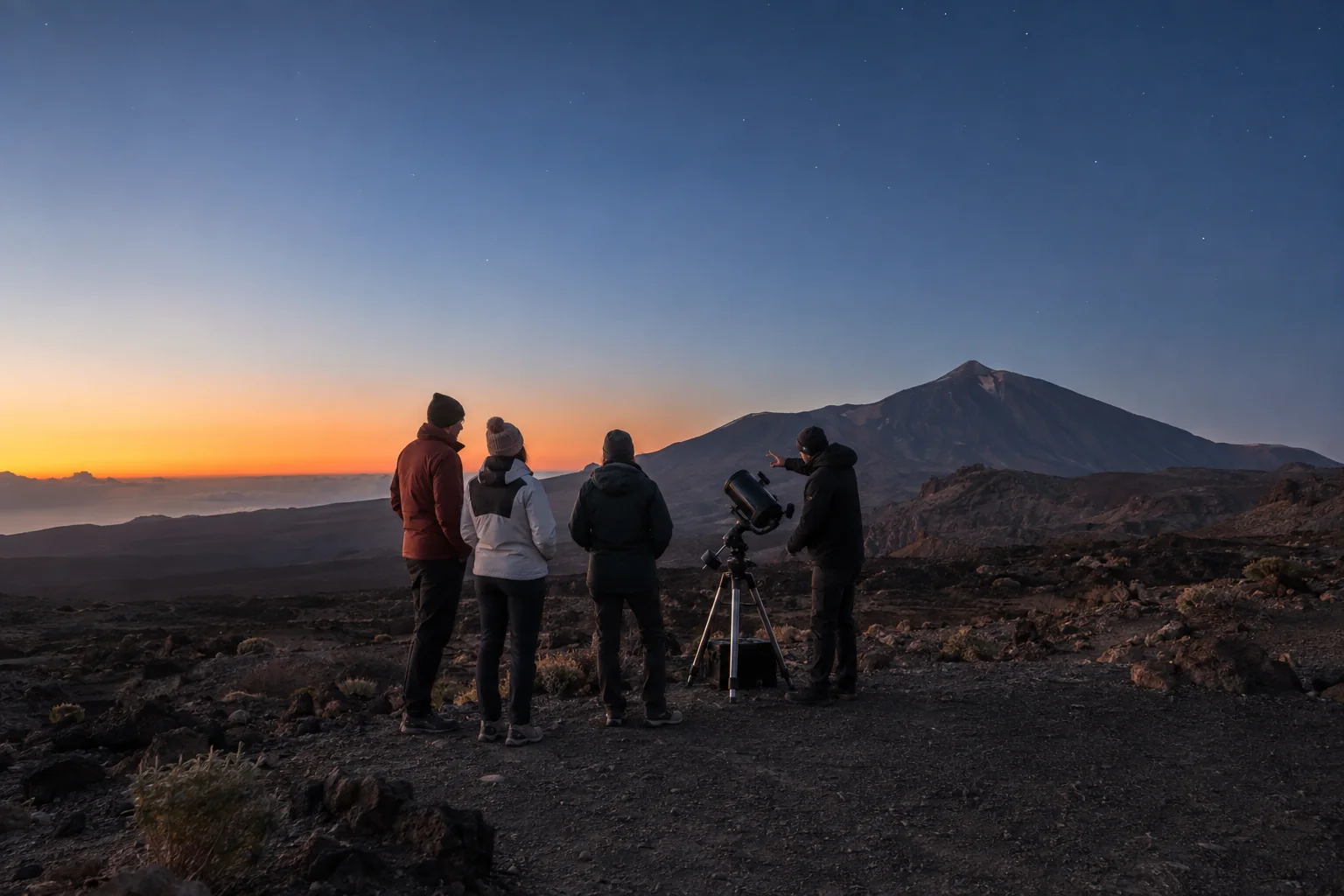 Grupo con telescopio al atardecer en el Teide