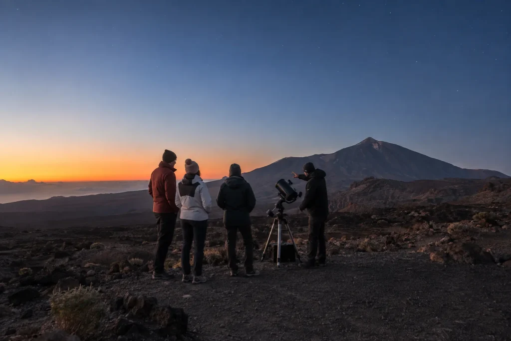 Pequeño grupo con telescopio durante el atardecer en el Teide