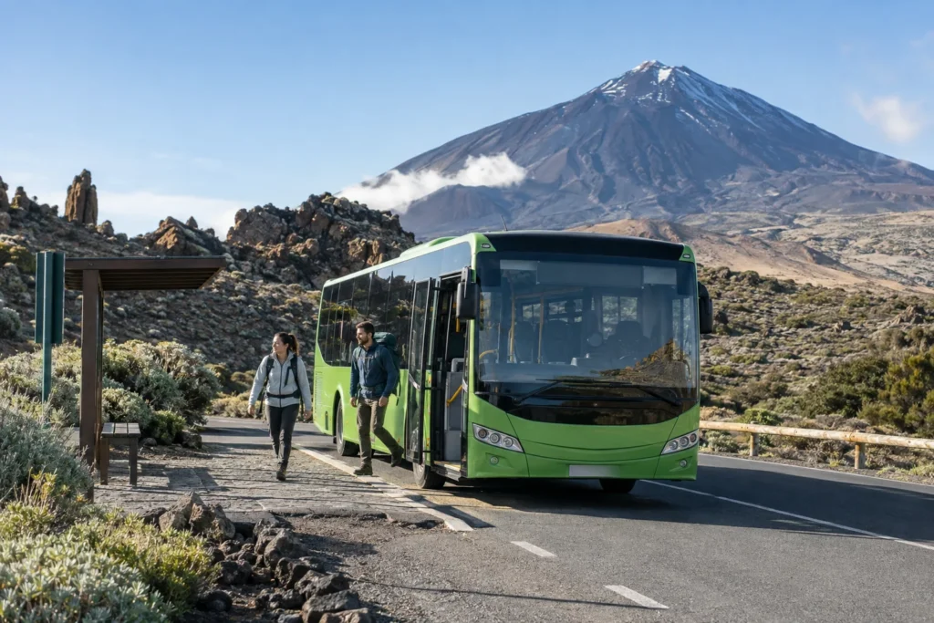 Viajeros llegando en guagua al Parque Nacional del Teide