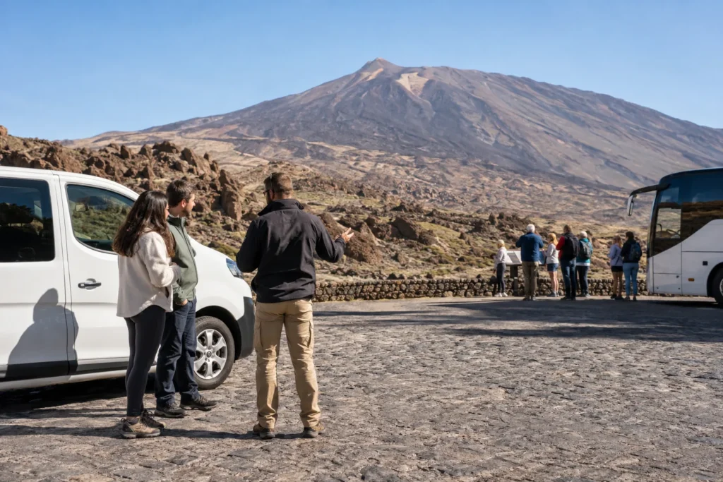 Un grupo pequeño en tour privado y una excursión compartida frente al Teide
