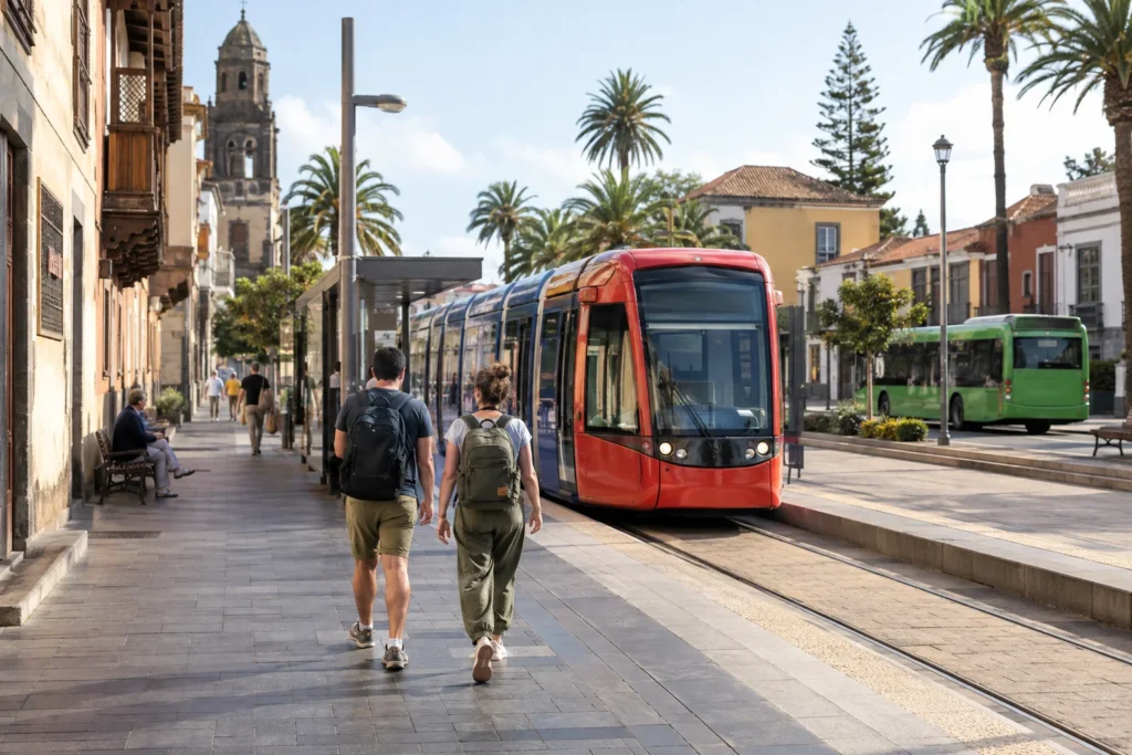 Viajeros utilizando el transporte público para recorrer Tenerife sin coche